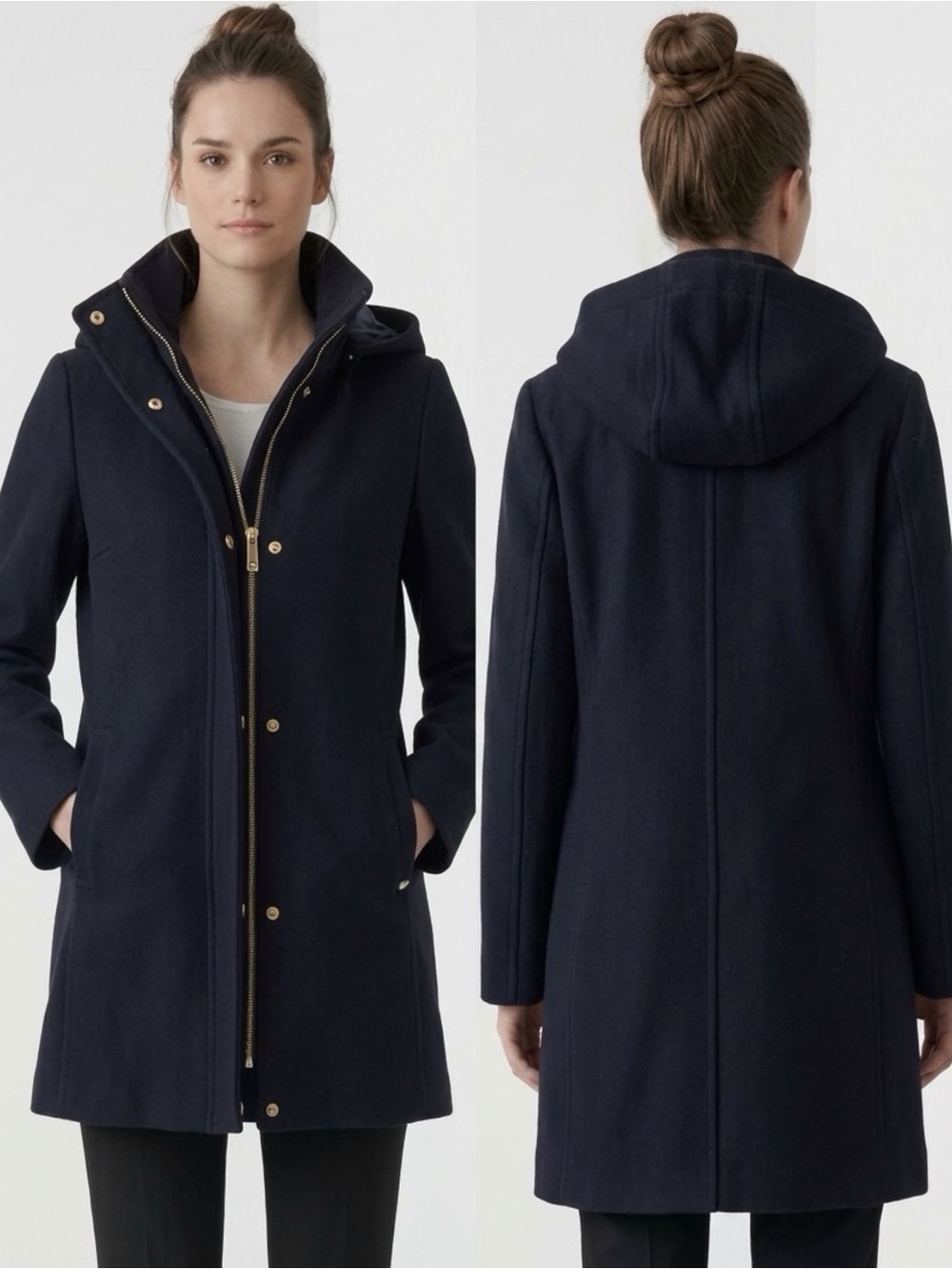 Ellen Tracy Navy Blue Wool Blend Hooded Parka Coat Jacket Size 6 Mid Length